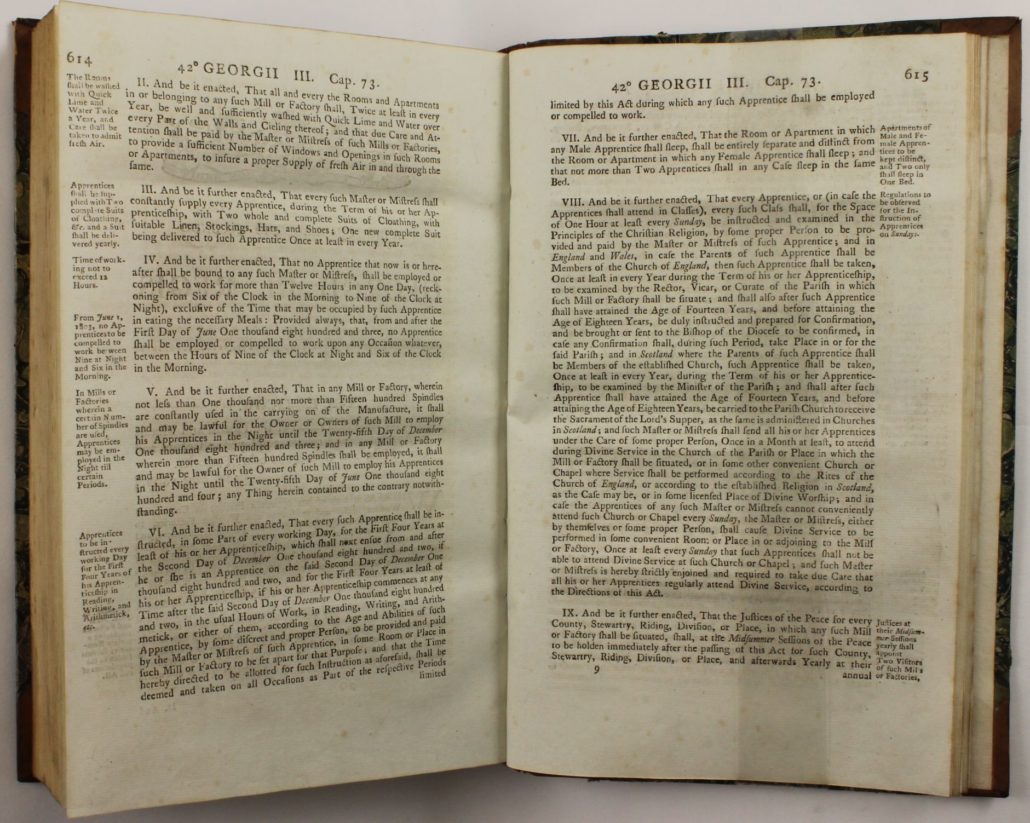 Rights of Children - An Act for the Preservation of the Health and Morals of Apprentices and others, employed in Cotton and other Mills, and Cotton and other Factories, page 614-615