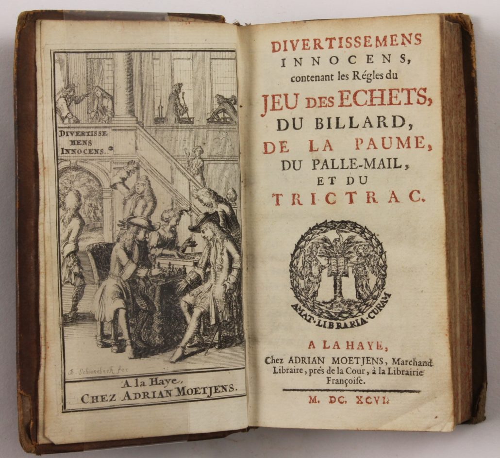 Title page of Divertissemens Innocens, contenant les Régles du Jeu des Echets, du Billard, de la Paume, du Palle-Mail et du Trictrac