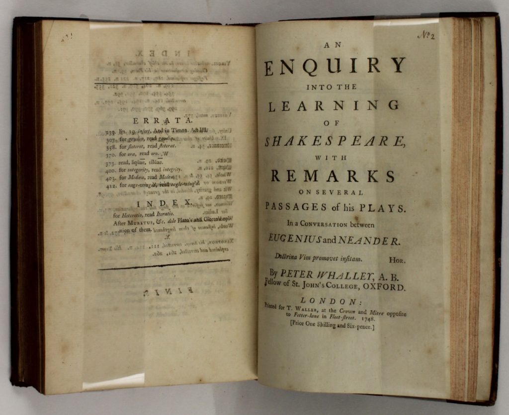 Title page of An Enquiry into the Learning of Shakespeare