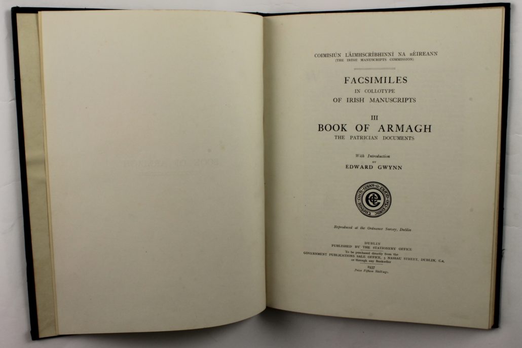 Title page of Facsimiles in Collotype of Irish Manuscripts: Book of Armagh. The Patrician Documents, by Edward Gwynn