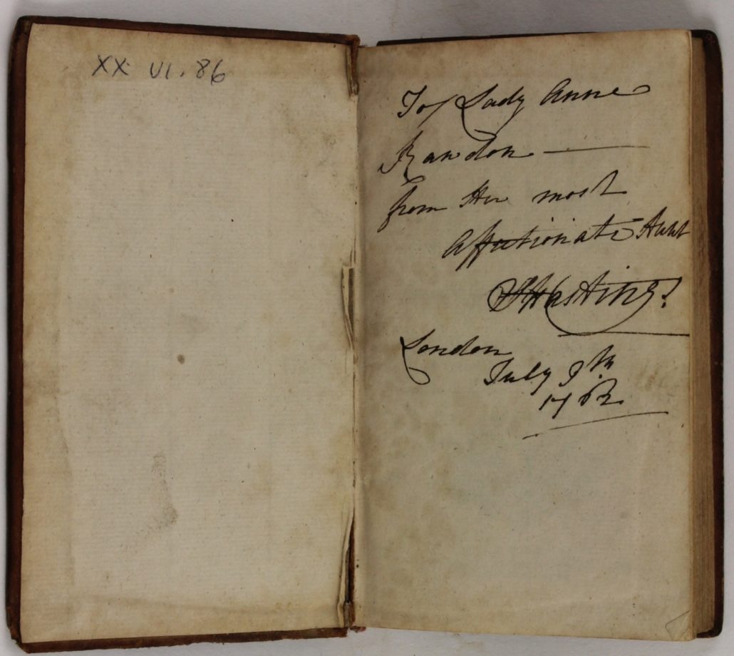 Inscription in Magasin des Adolescentes ou Dialogues entre une sage Gouvernante et plusieurs de ses Eleves to Lady Anne Rawdon