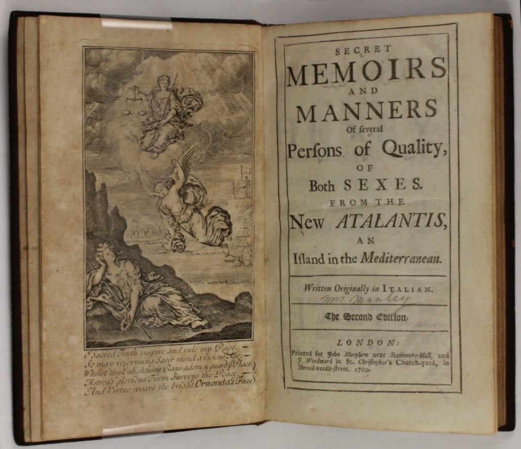 Title page of Secret Memoires and Manners of Several Persons of Quality, of Both Sexes. From the New Atlantis, and Island in the Mediterranean