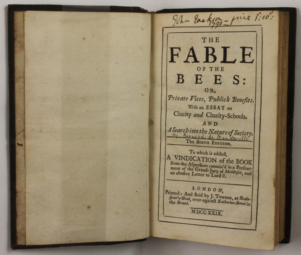 Title page of The Fable of the Bees or, Private vices, Publick Benefits. With an Essay on Charity and Charity-Schools and A Search in the Nature of Society